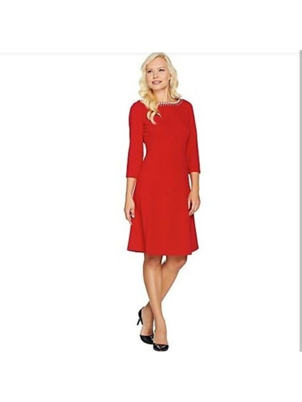 Elegant Red Dress with Embellished Neckline by Dennis Basso SZ: 10